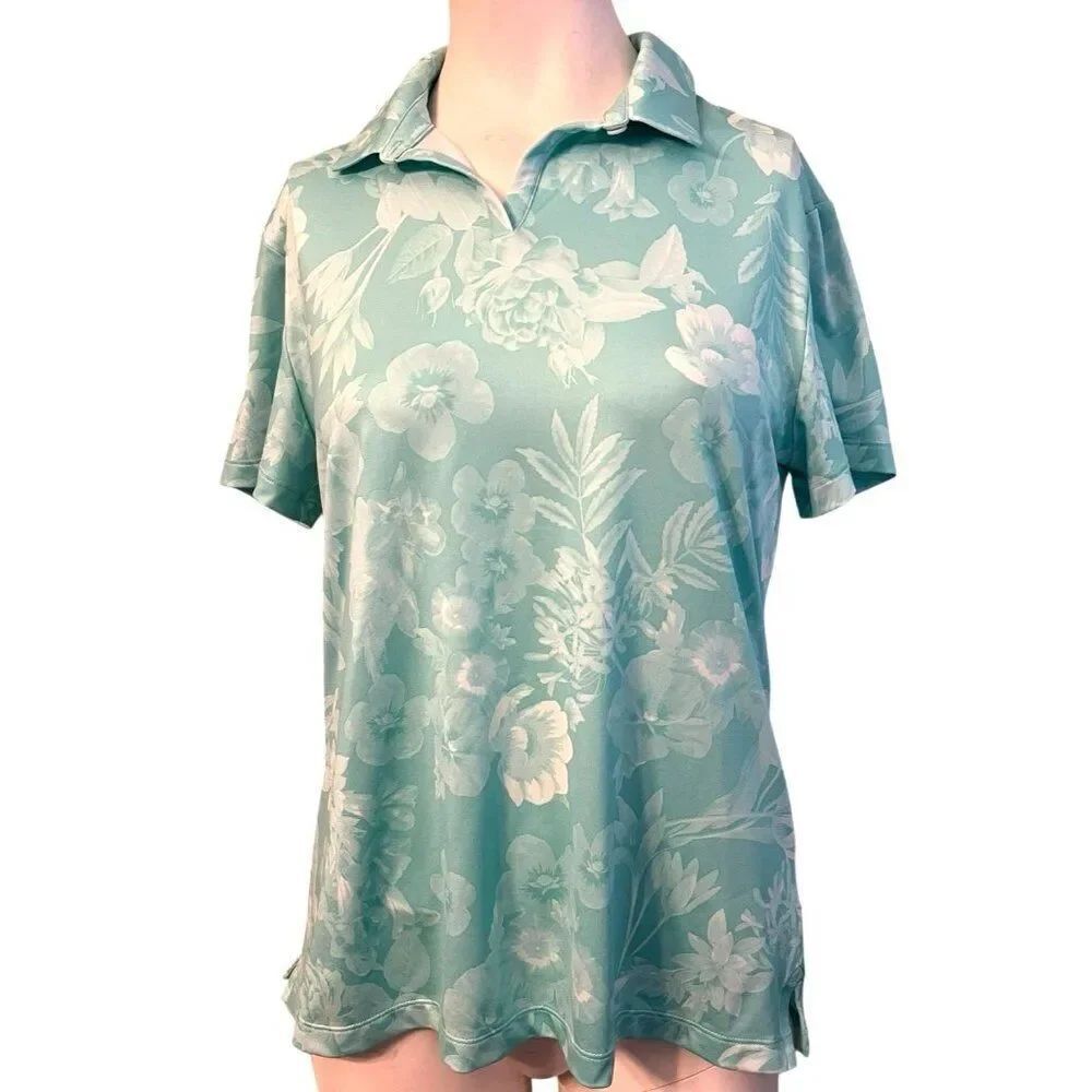Nike Golf Performance Dri Fit Ladies Medium Lght Green Leaves Polo Shirt Stretch